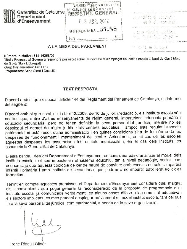 Resposta de la Consellera d'Educaci, Irene Rigau, a la pregunta d'ERC sobre la conversi de l'Escola Gav Mar en un Institut-Escola (Febrer 2012)